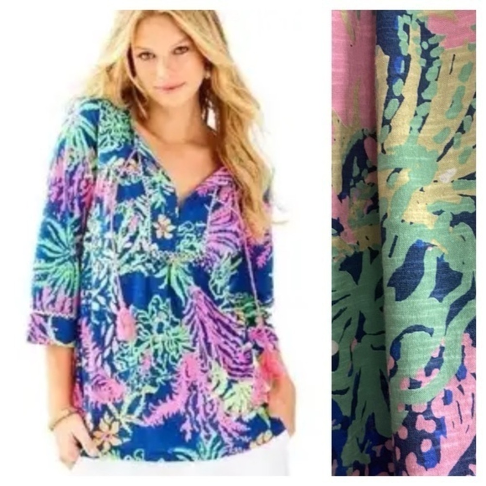 Lilly Pulitzer Tilda Tunic Blue Floral Indigo All a Glow Print XS